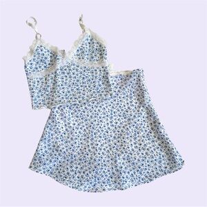 Blue floral print cami top and midi skirt set